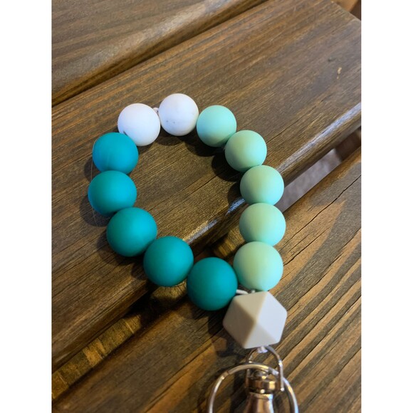 Circle Silicone Bead 15mm Wristlet Keychain Key Holder Teal Flower Charm - Picture 4 of 4